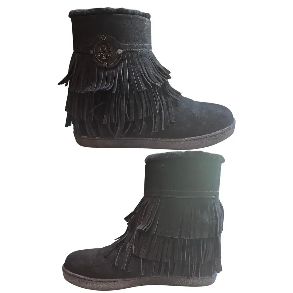 Tory Burch Collins Black Suede Leather Fringe Lambswool Ankle Boots Shoes 9